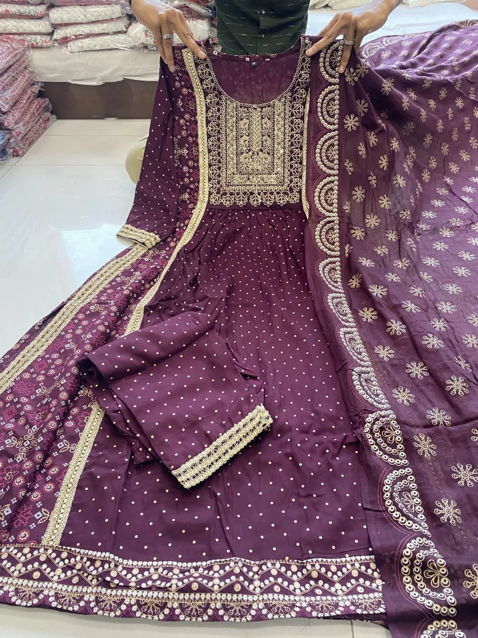 Beautiful Women Purple Naira cut Kurta Pant with Dupatta Dress. 